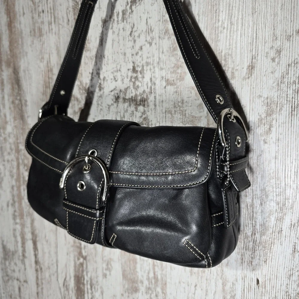 Vtg Y2k COACH #3653 Soho Flap Buckle Double Pocket W Black Leather Shoulder Bag - Picture 3 of 16